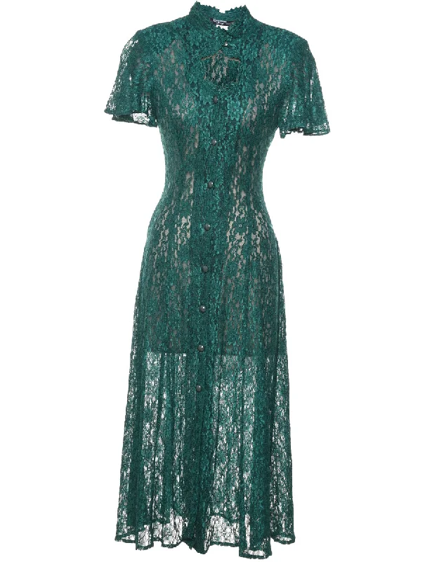 Dark Green 1990s Floral Lace Evening Dress - S