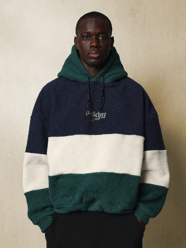 Oversized Fit Borg Hoodie With Colour Blocking And Side Pocket & Embroidery