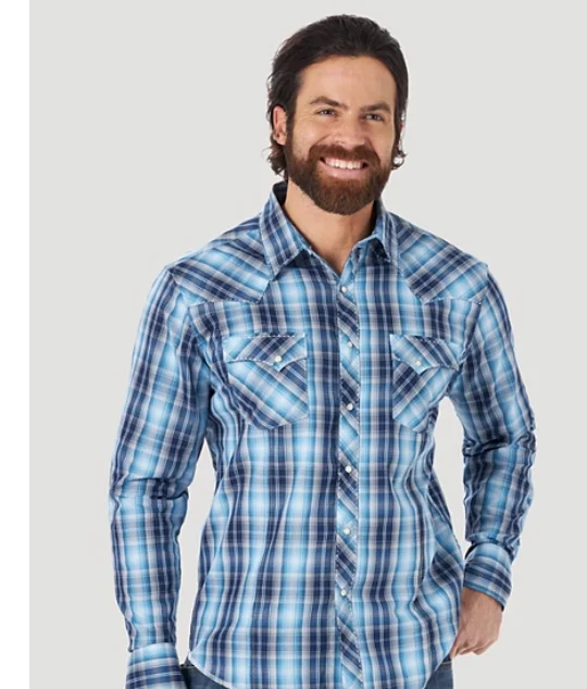 WRANGLER DARK BLUE PLAID SNAP LONG SLEEVE SHIRT