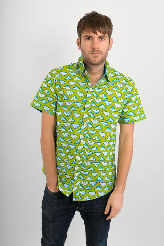 Green Blue Triangular Print Cotton Slim Fit Mens Shirt Short Sleeve