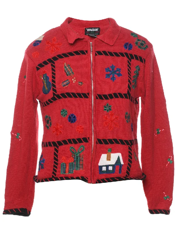 Embroidered Christmas Cardigan - M