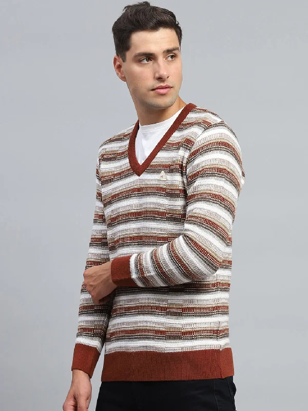 Men Brown Stripe V Neck Full Sleeve Pullover