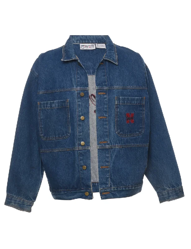 Embroidered Huskers Dark Wash Denim Jacket - L