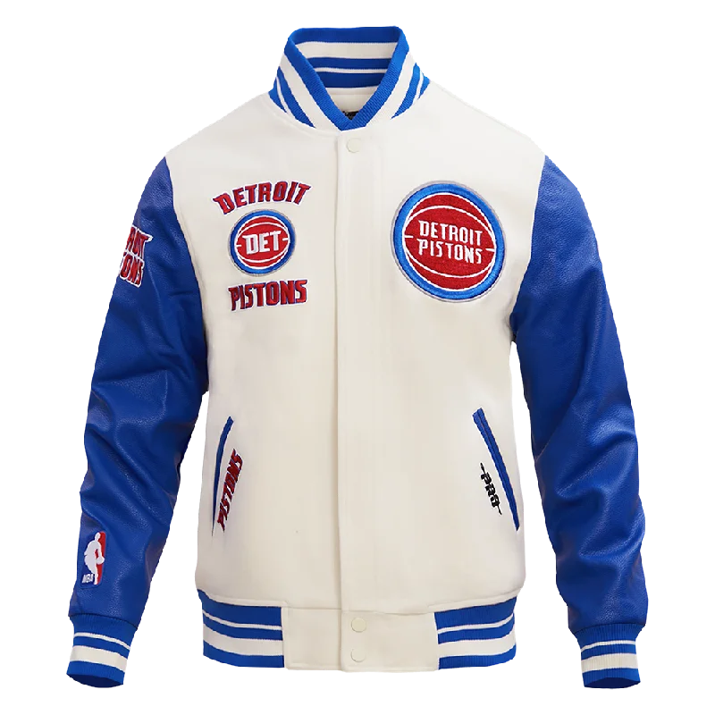 NBA DETROIT PISTONS RETRO CLASSIC MEN'S RIB WOOL VARSITY JACKET (EGGSHELL/ ROYAL BLUE)