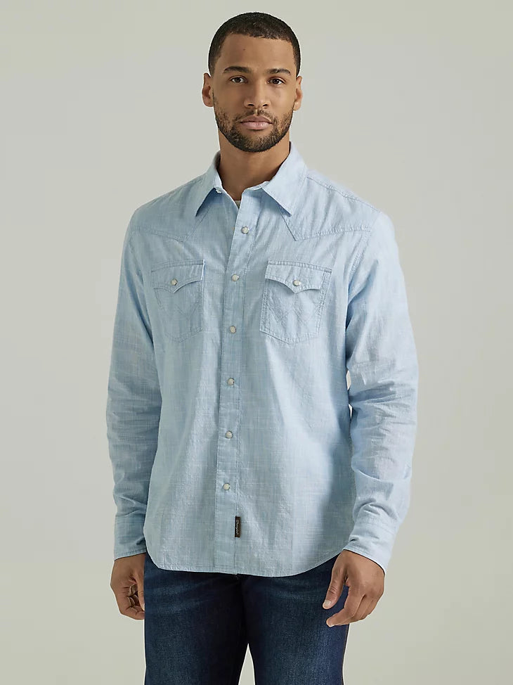 WRANGLER RETRO BLUE WEAVE SNAP SOLID SHIRT