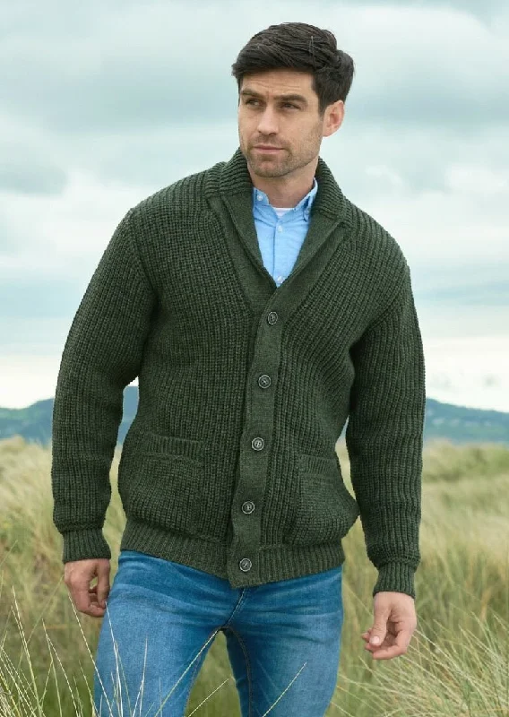 Aran Crafts Ribbed Shawl Cardigan | Green