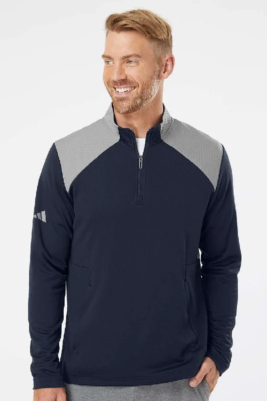 Adidas Mens Textured Mixed Media 1/4 Zip Sweatshirt w/ Pockets - Collegiate Navy Blue/Grey