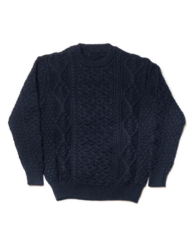 CREW NECK ARAN CABLE SWEATER - NAVY