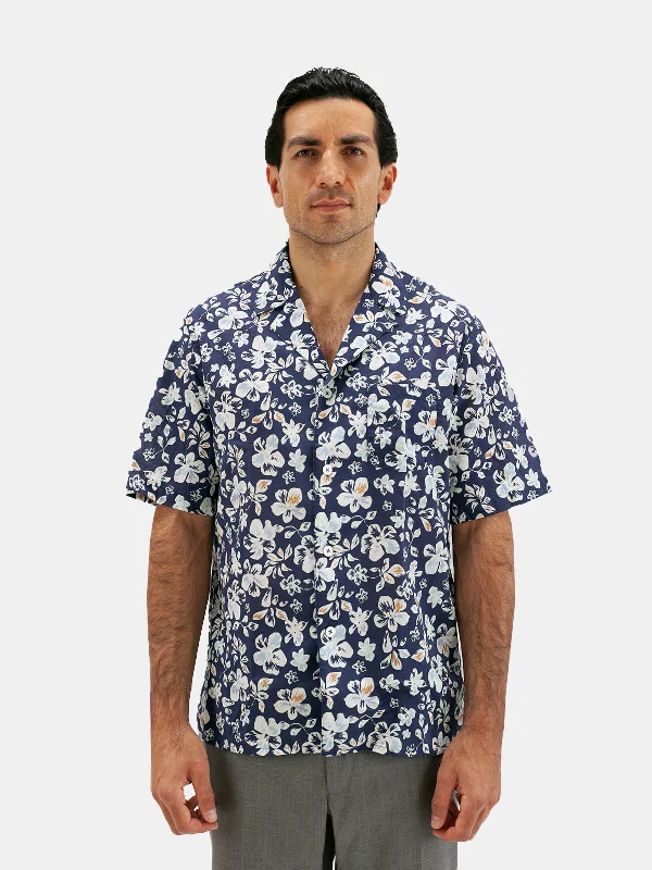 Navy Hibiscus Printed Short Sleeve Shirt