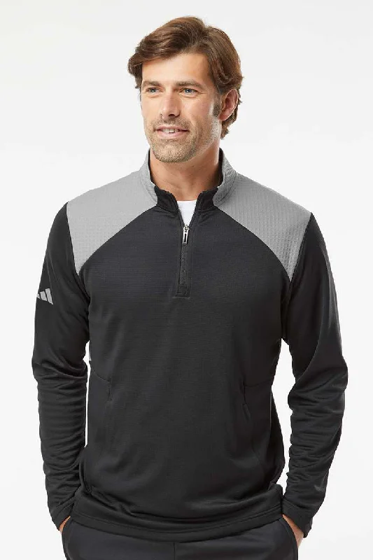 Adidas Mens Textured Mixed Media 1/4 Zip Sweatshirt w/ Pockets - Black/Grey