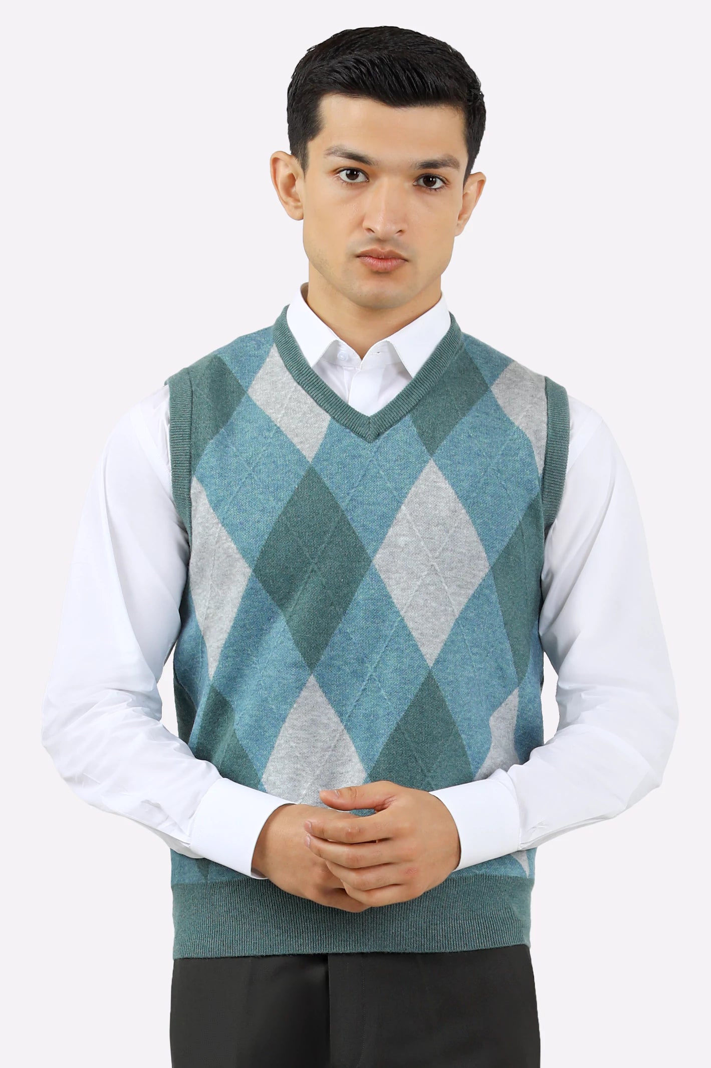 Men V-Neck Teal Sleeveless Sweater