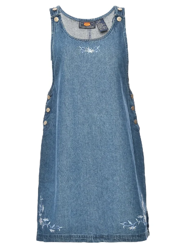 Embroidered Denim Pinafore Dress - M