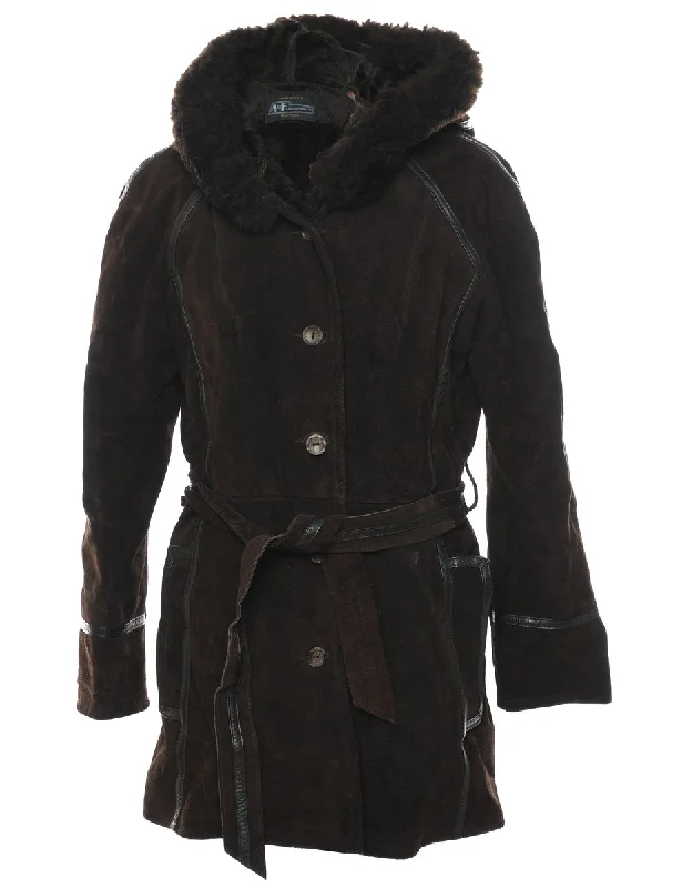 Dark Brown Faux Fur Lined Suede Coat - S