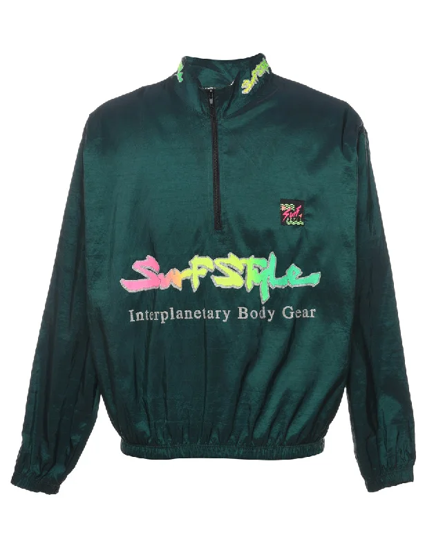 Dark Green & Multi-Colour Printed Quarter-Zip 1990s Winbreaker - XL