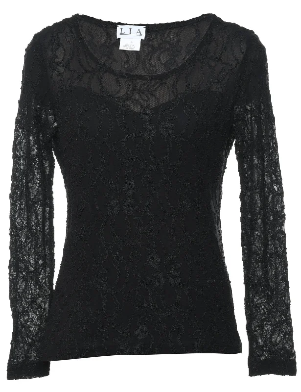 Embroidered Black Top - M