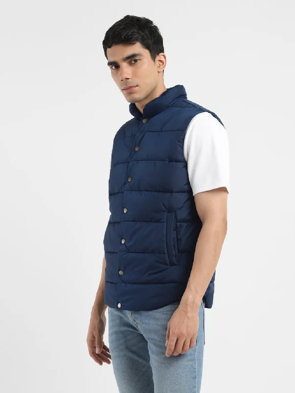 Men's Solid Navy Band Neck Quilted Jacket