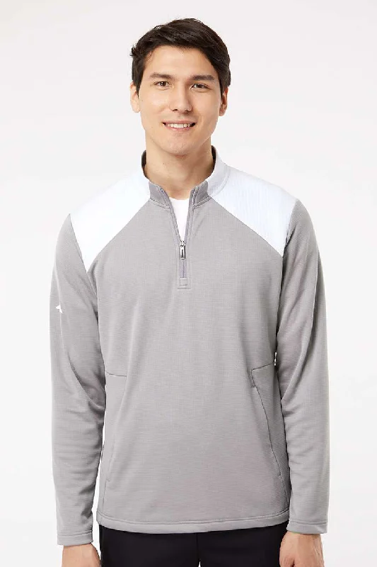 Adidas Mens Textured Mixed Media 1/4 Zip Sweatshirt w/ Pockets - Grey/White