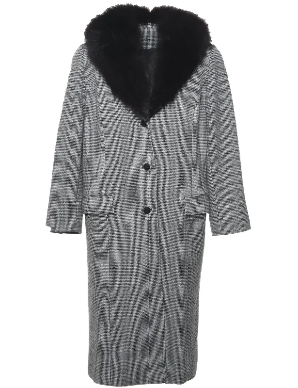 Dogtooth Faux Fur Trim Black, Grey & White Wool Coat - L