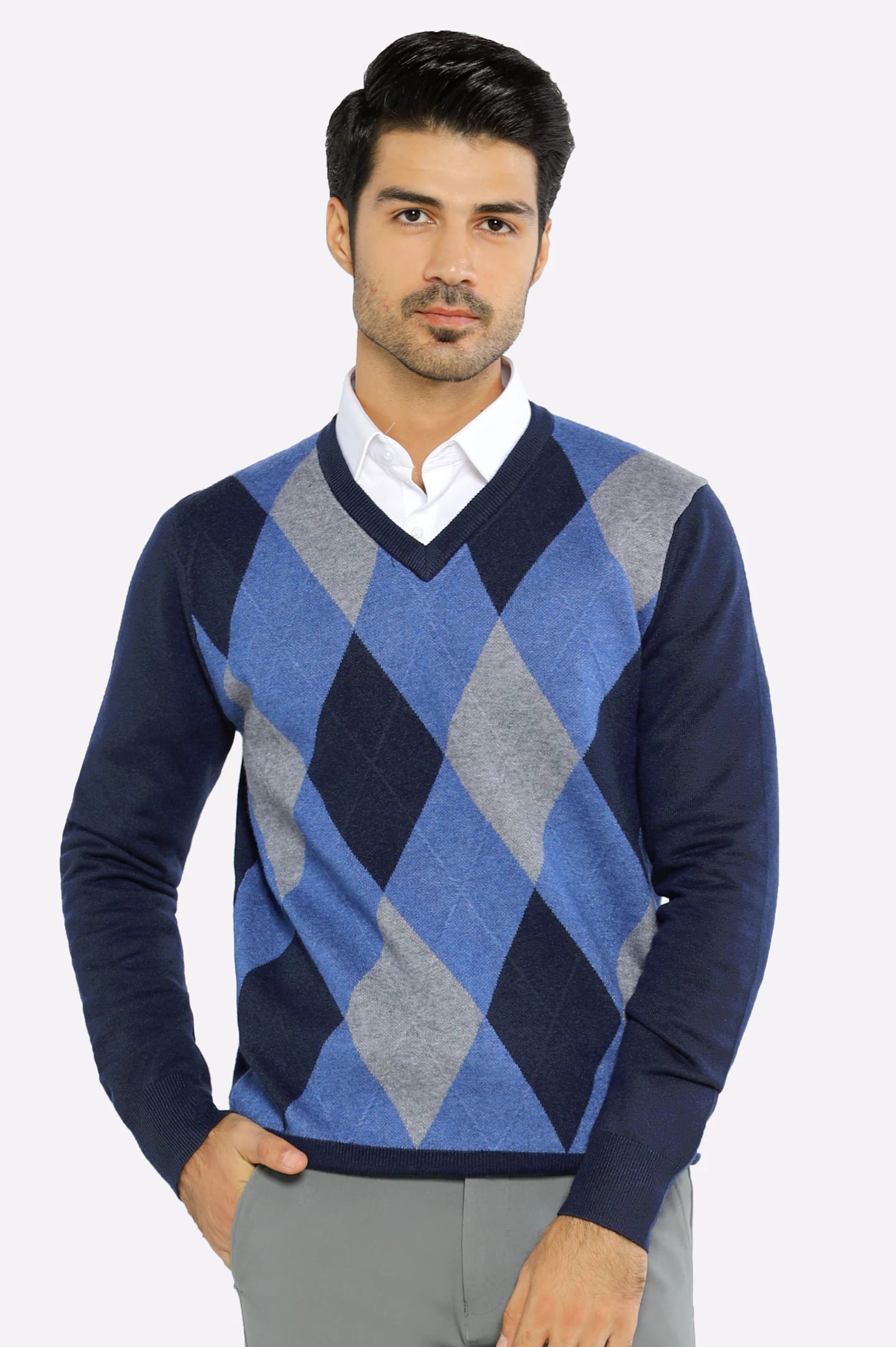 Men V-Neck Dark Blue Sleeves Sweater