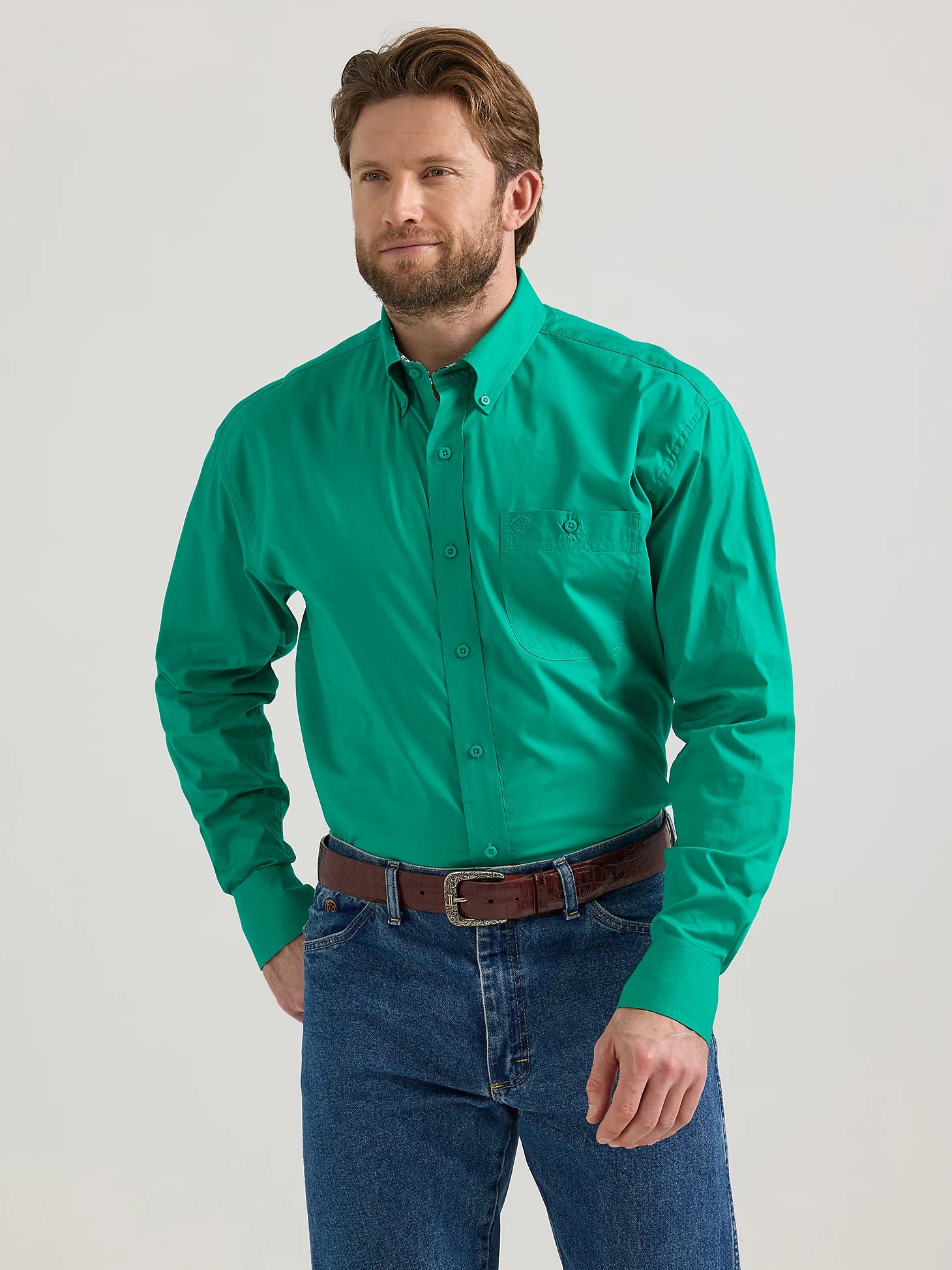 Wrangler George Strait Green Long Sleeve Button Down One Pocket Shirt