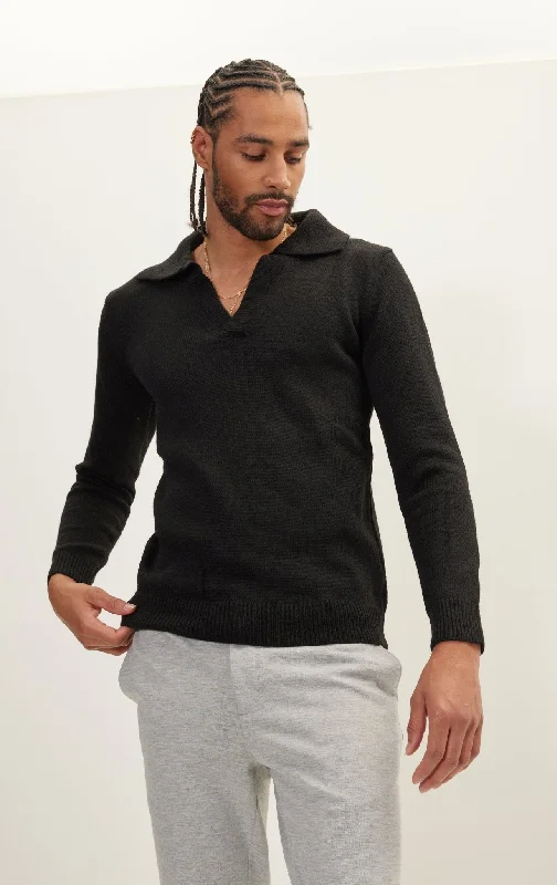 Pullover V Neck Knit Sweater - Black