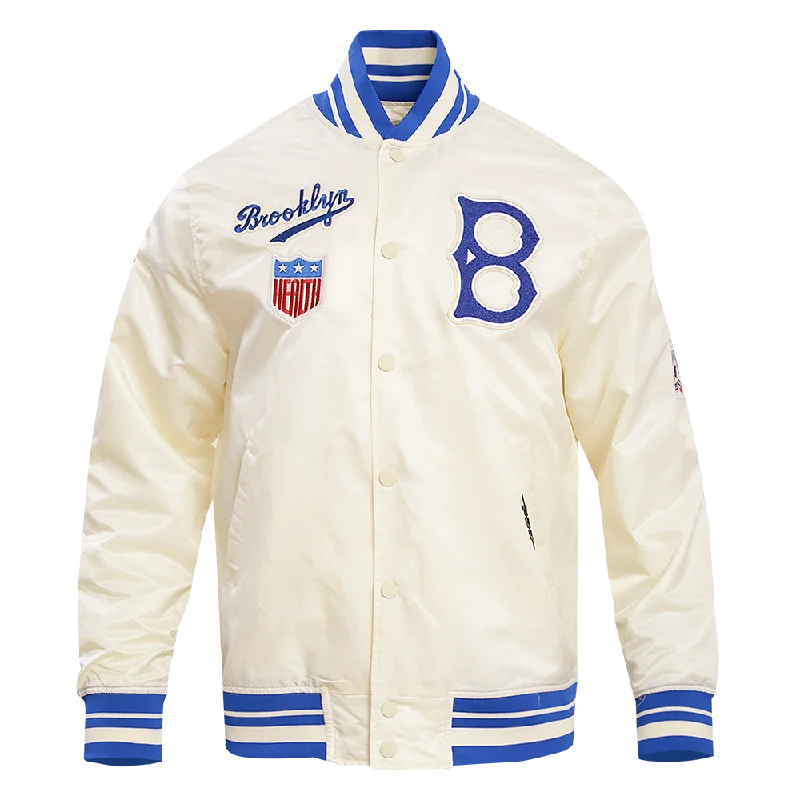 MLB BROOKLYN DODGERS RETRO CLASSIC MEN'S RIB SATIN JACKET (EGGSHELL/ ROYAL BLUE)