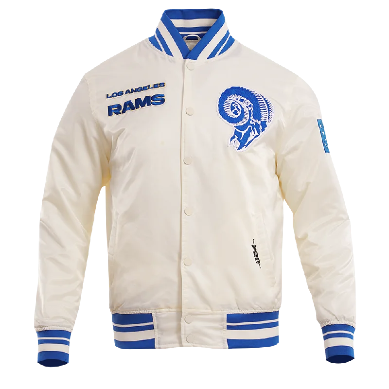 NFL LOS ANGELES RAMS RETRO CLASSIC MEN'S RIB SATIN JACKET (EGGSHELL/ ROYAL BLUE)