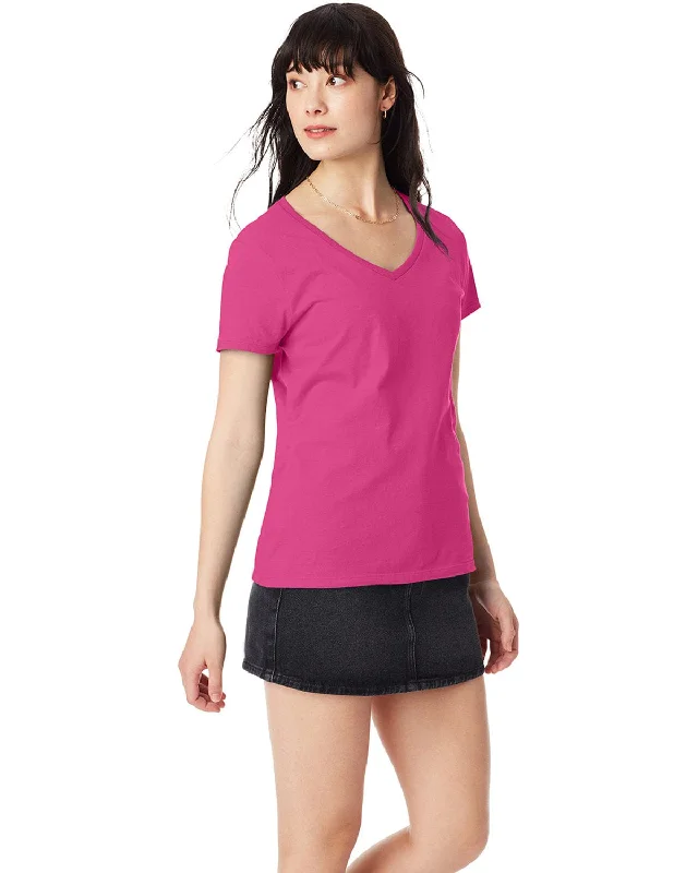 Hanes Ladies Ringspun Cotton Nano V-Neck T-Shirt | Wow Pink