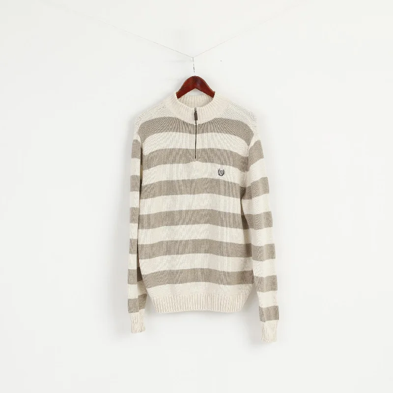 Chaps Men L Jumper Beige Striped 100% Cotton Zip Neck Classic Sweater Top