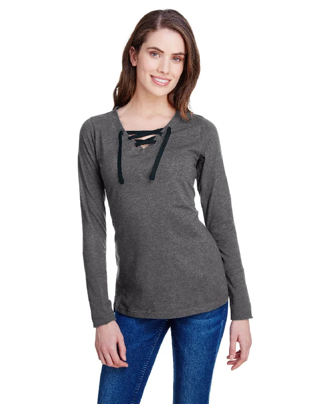 LAT Ladies Long Sleeve Fine Jersey Lace-Up T-Shirt | Vint Smoke/ Blk