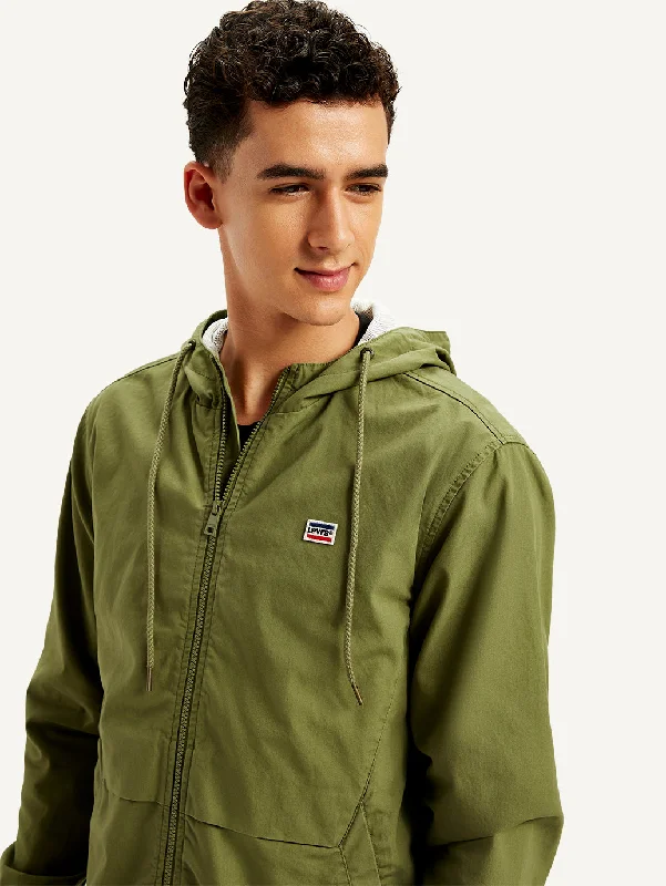 Men's Solid Olive Hooded Tailored Jacket