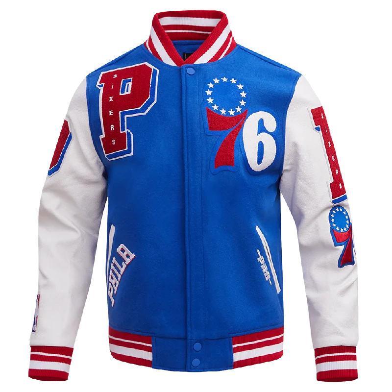 NBA PHILADELPHIA 76ERS MASHUP MEN'S RIB WOOL VARSITY JACKET (ROYAL BLUE/RED)