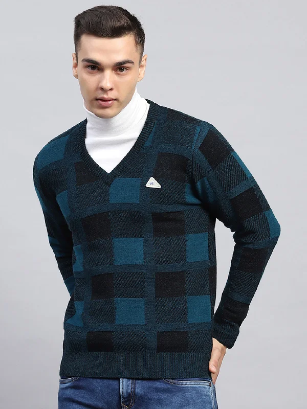 Men Blue Check V Neck Full Sleeve Pullover