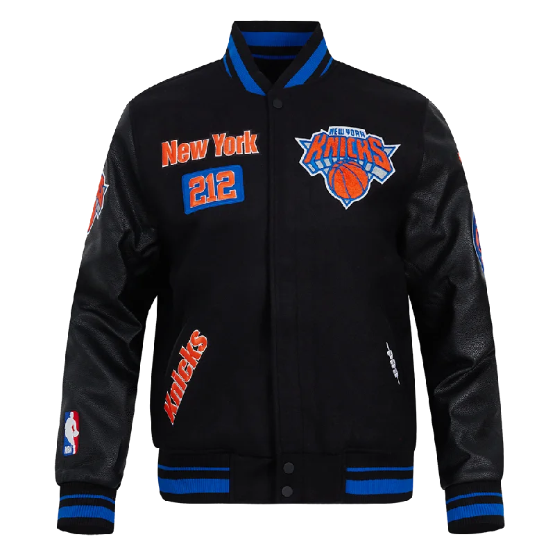 NBA NEW YORK KNICKS AREA CODE MEN'S RIB WOOL VARSITY JACKET (BLACK/ROYAL BLUE/BLACK)