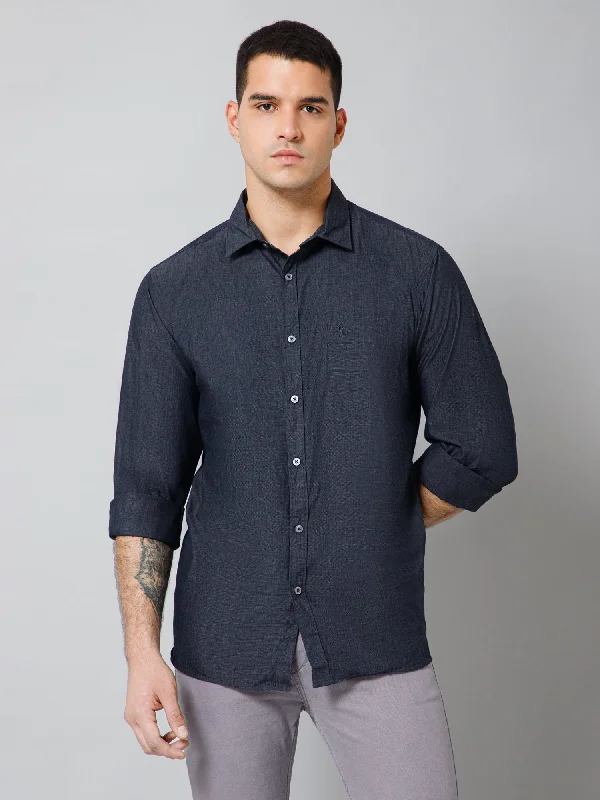 Men's Dark Grey Casual Fil a Fil Plain Full Sleeve Shirt