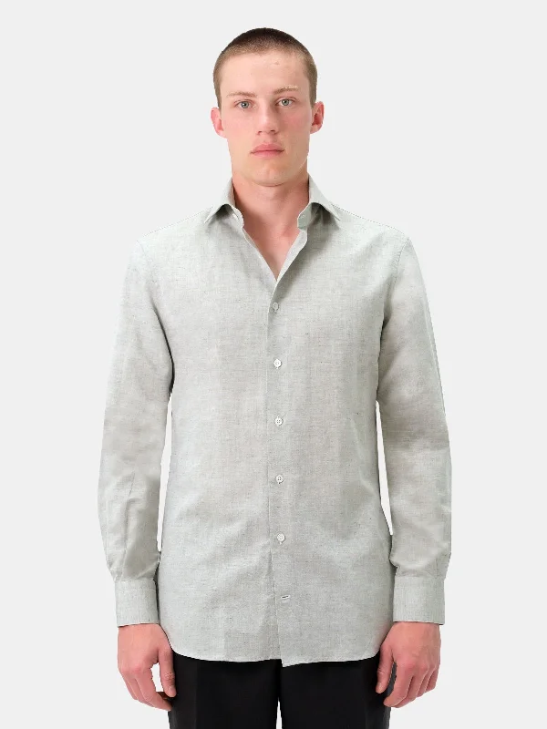 Olive Chambray Cotton Linen Blend Cutaway Collar Shirt