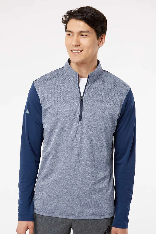 Adidas Mens Heather Block Print Moisture Wicking 1/4 Zip Sweatshirt - Collegiate Navy Blue Melange/Navy Blue/Grey