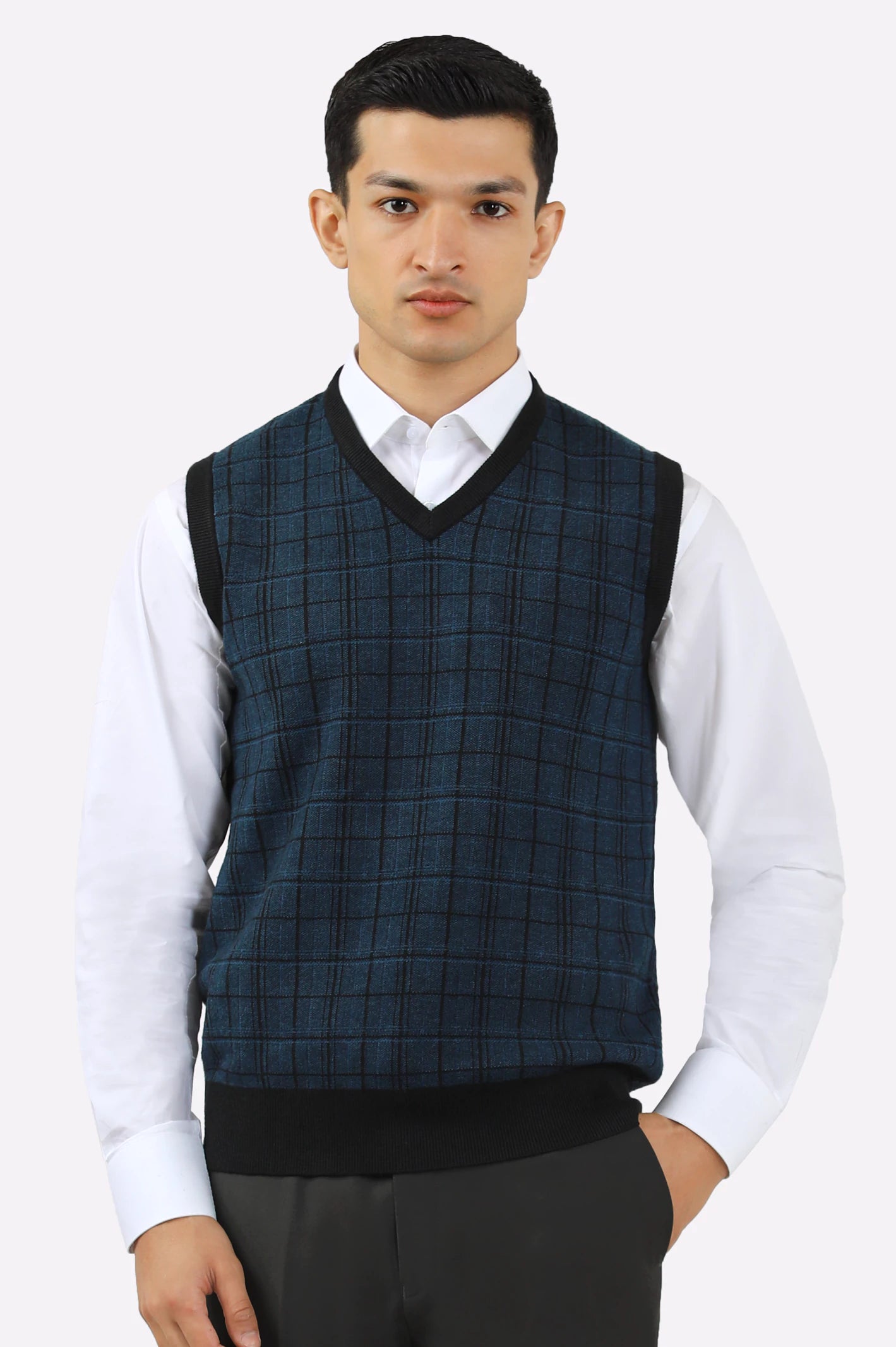 Men V-Neck Teal Sleeveless Sweater