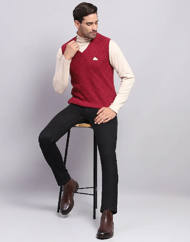 Men Maroon Self Design V Neck Sleeveless Sweater