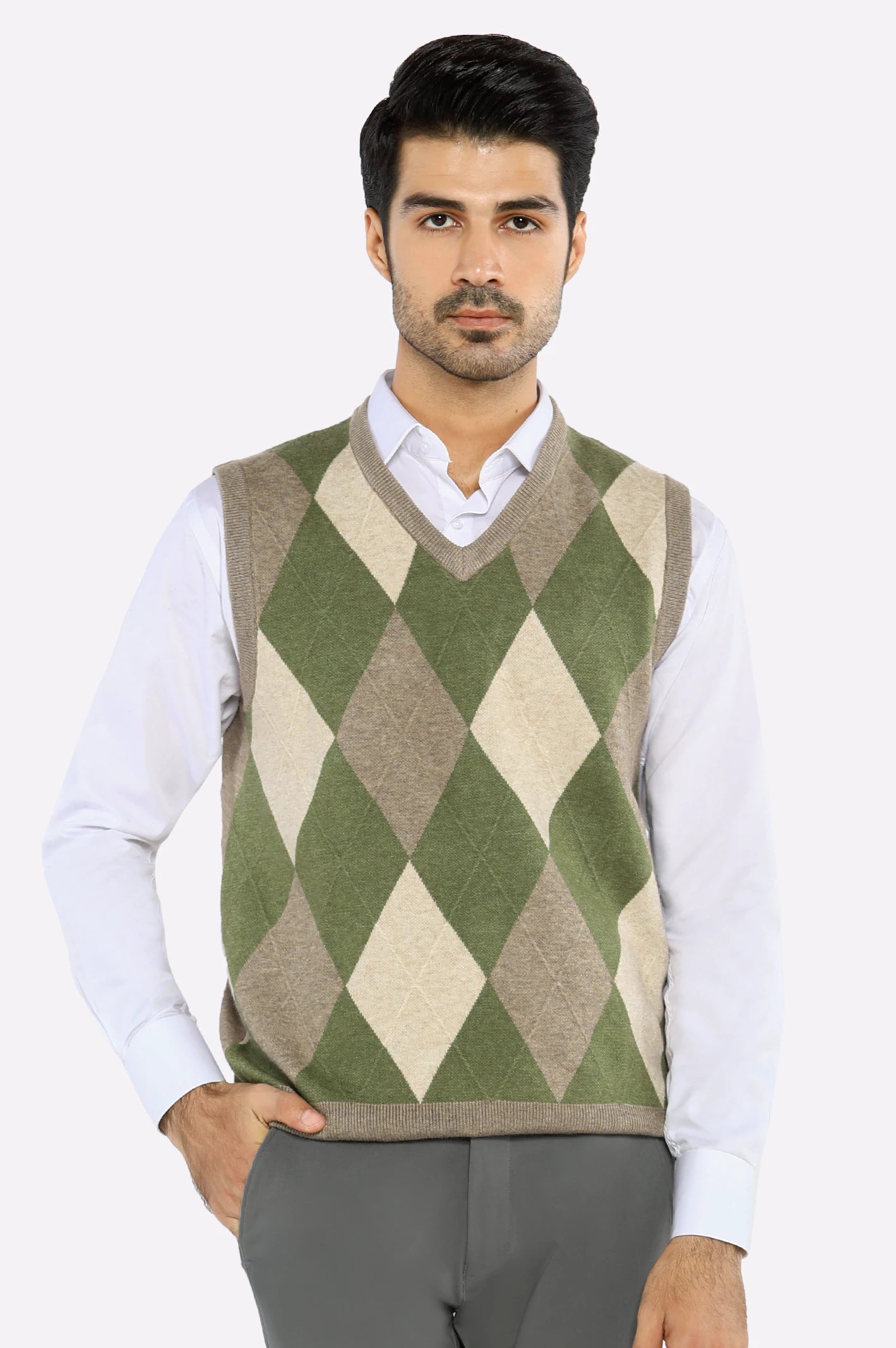 Men V-Neck Dark Fawn Sleeveless Sweater