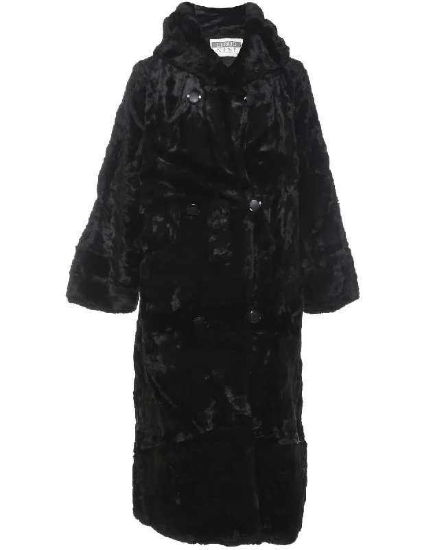 Double Breasted Long Black Faux Fur Coat - L