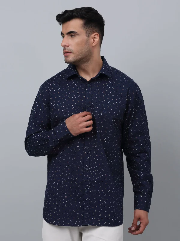 Men's Navy Blue Casual Ditsy Print Full Sleeve Shirt