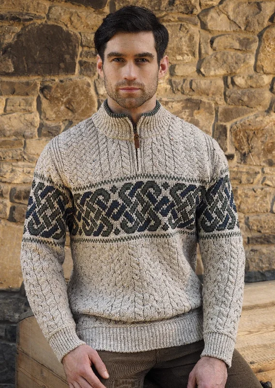 Aran Crafts Celtic Jacquard Zip Sweater | Oatmeal