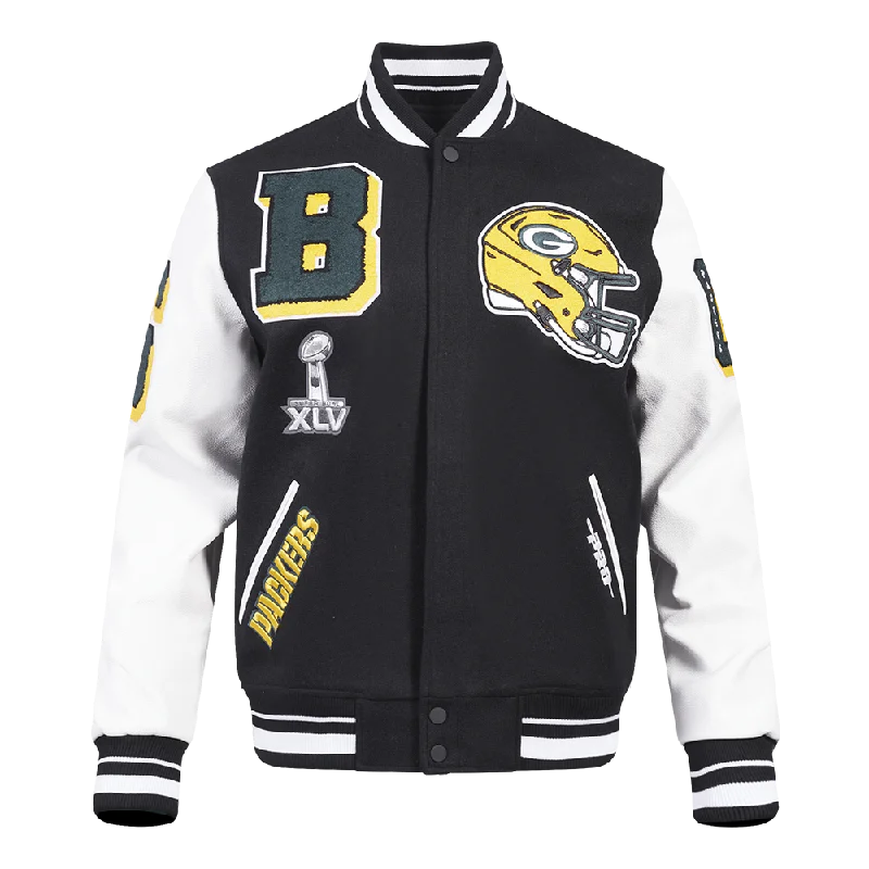 NFL GREEN BAY PACKERS MASHUP MEN'S RIB WOOL VARSITY JACKET (BLACK/WHITE)