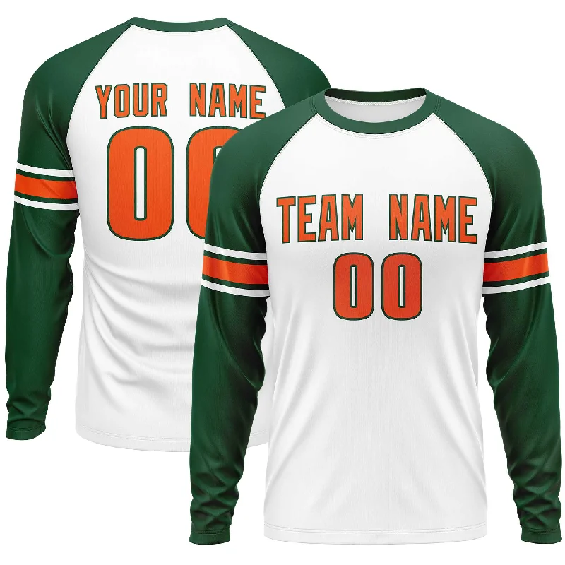 Custom White Green Orange Crew Neck Personalized Raglan Long Sleeve Performance T-shirt