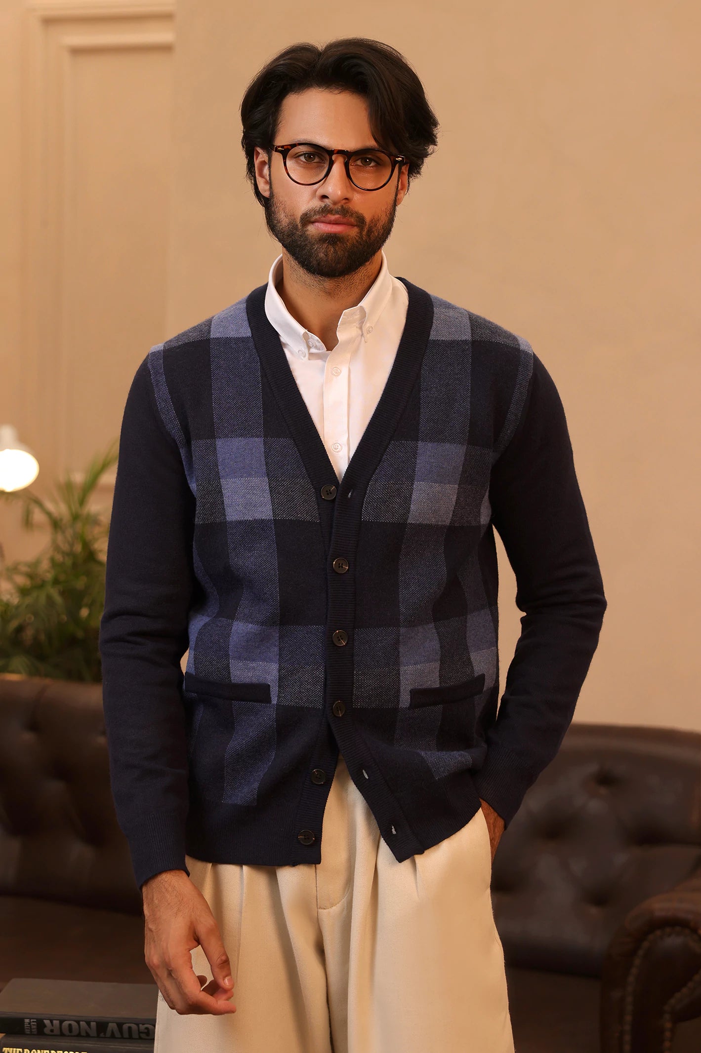 Men Full Sleeves multi Navy Cardigan