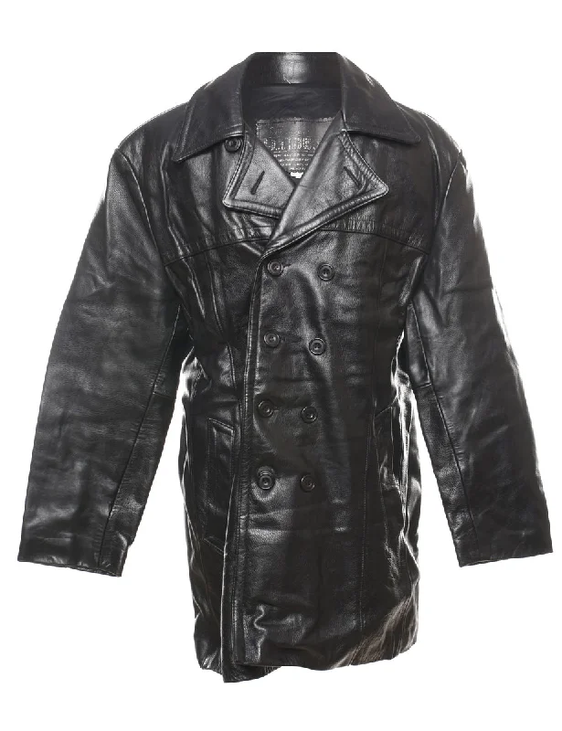 Double-Breasted Black Classic Leather Jacket - XL