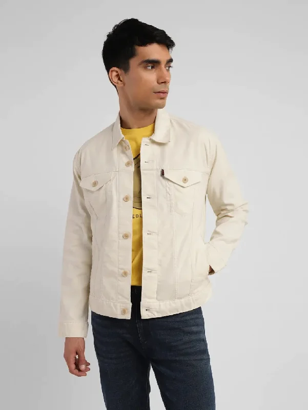 Men's Solid Cream Spread Collar Trucker Jacket