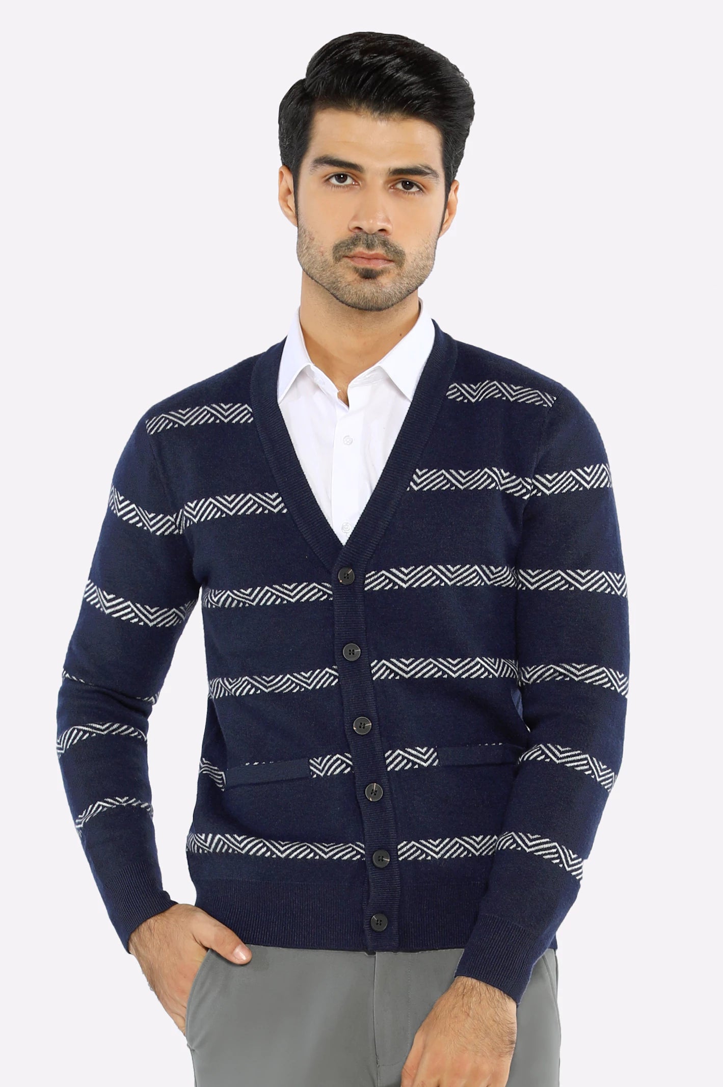 Men Full Sleeves Navy Blue Cardigan