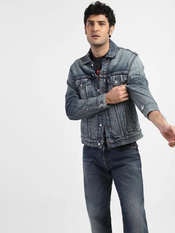 Men's Solid Blue Shirt Collar Denim Jacket